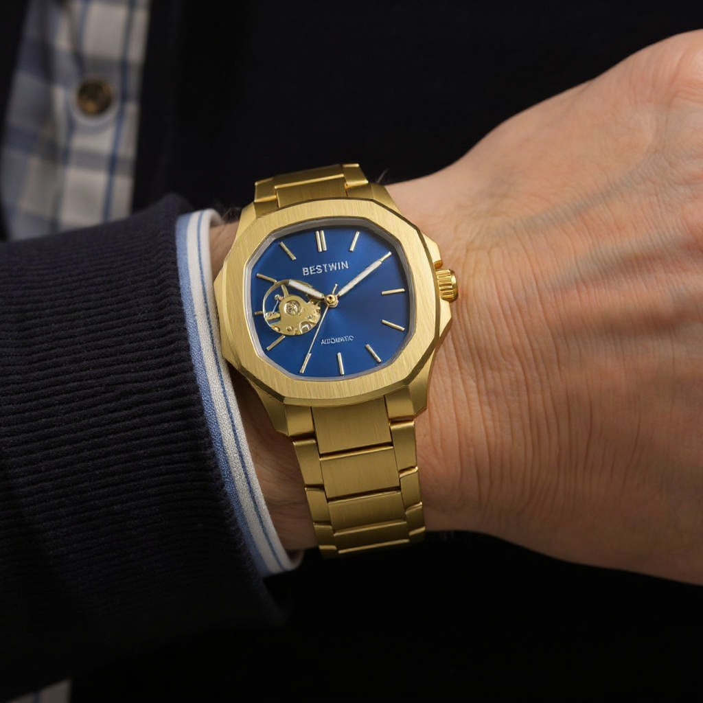 BLOLING - Montre Squelette pour Homme à Cadran Bleu